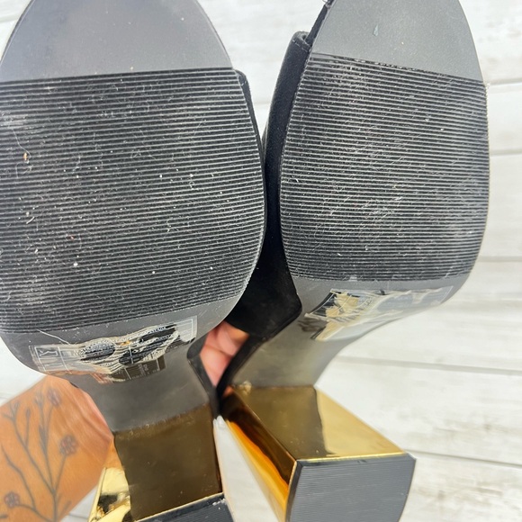 Forever 21 Black Peep Toe Booties with Block Gold Heel Buckle Double Straps 8 - Picture 12 of 14